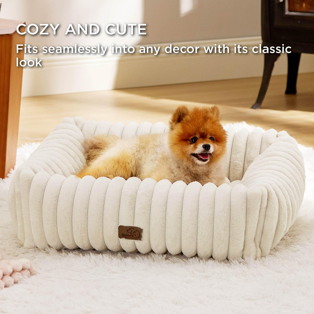 Bedsure rectangular orthopedic bed 30x24-cream emphasizes supportive structure for comfortable lounging.
