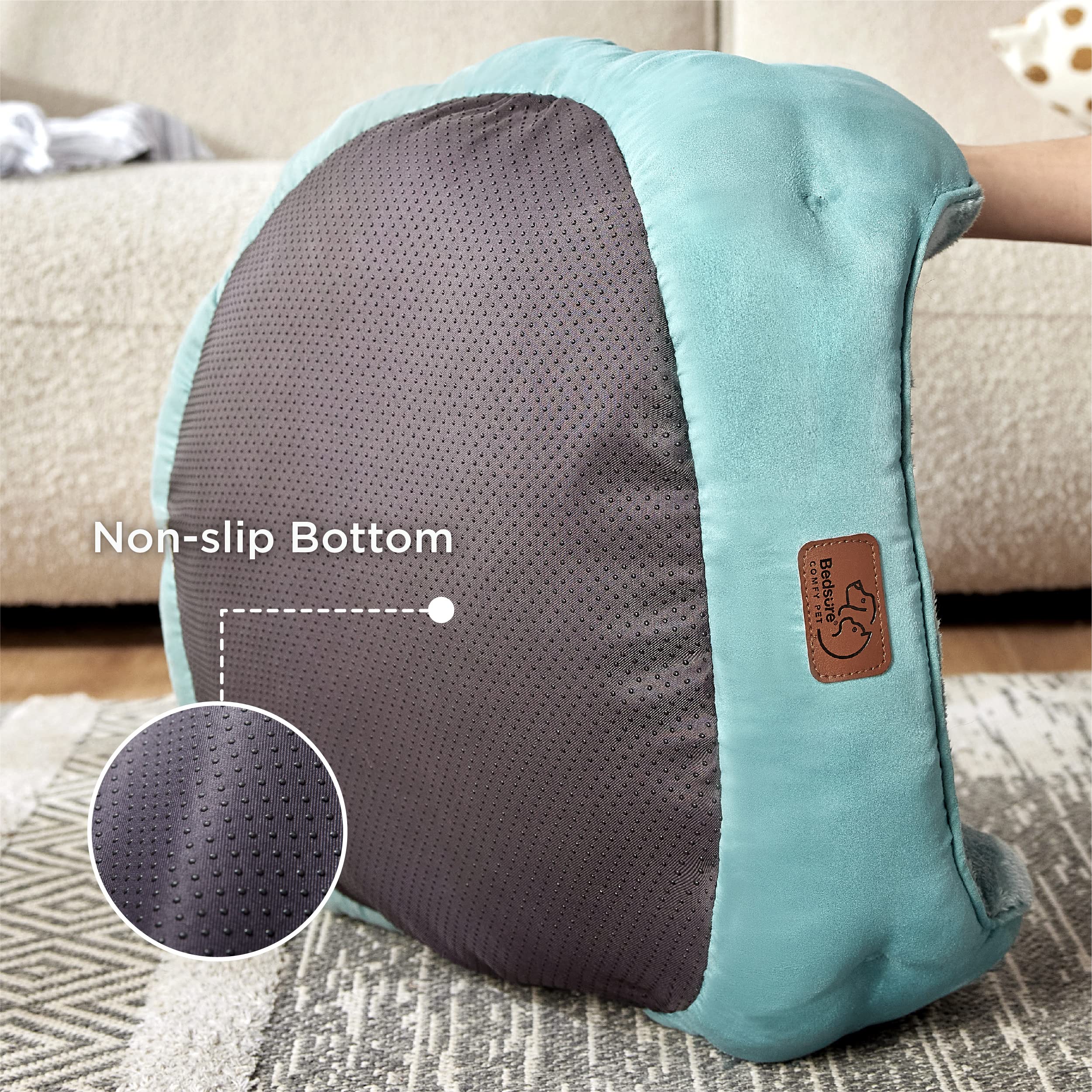 Bedsure round bed with cushioned bolster for head and neck support.