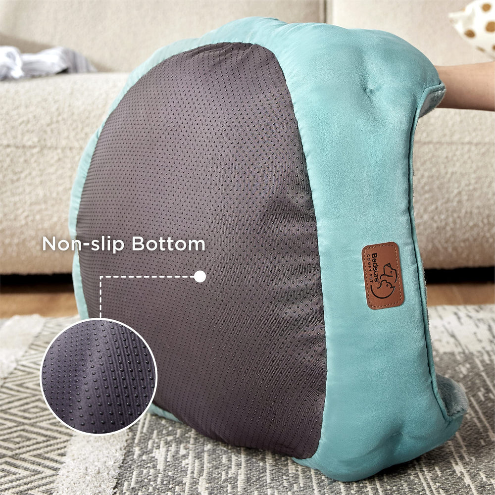 Bedsure round bed with cushioned bolster for head and neck support.