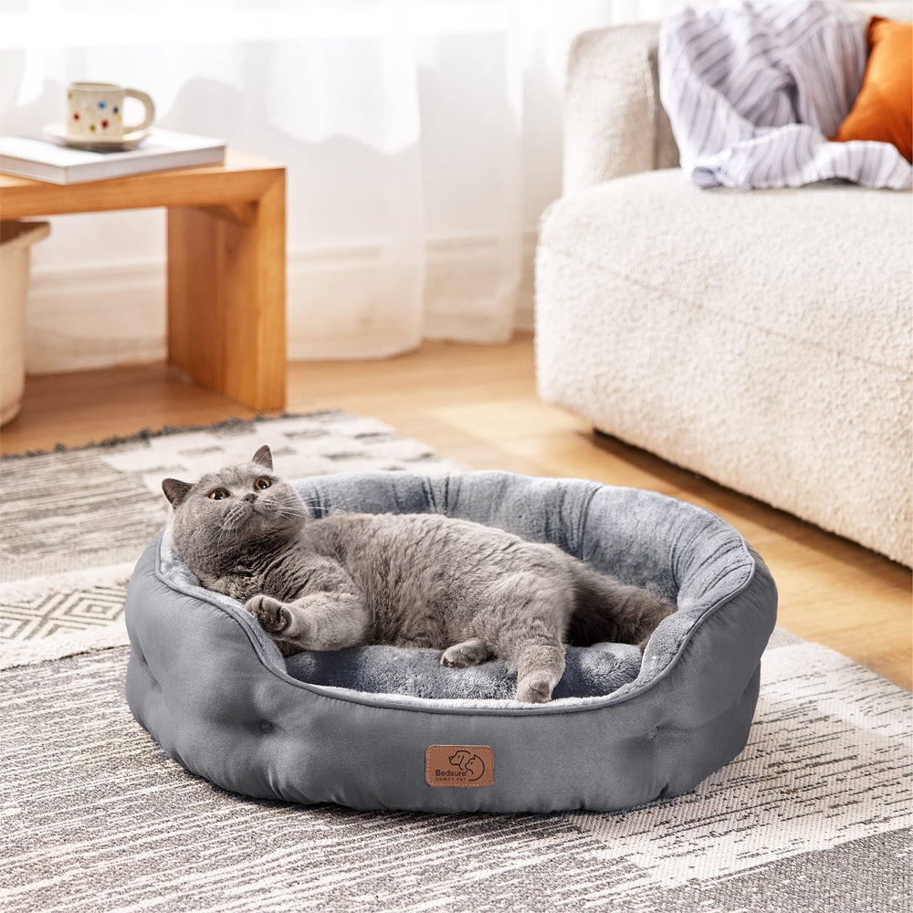 Bedsure round cat bed bolstered for secure indoor snuggling.