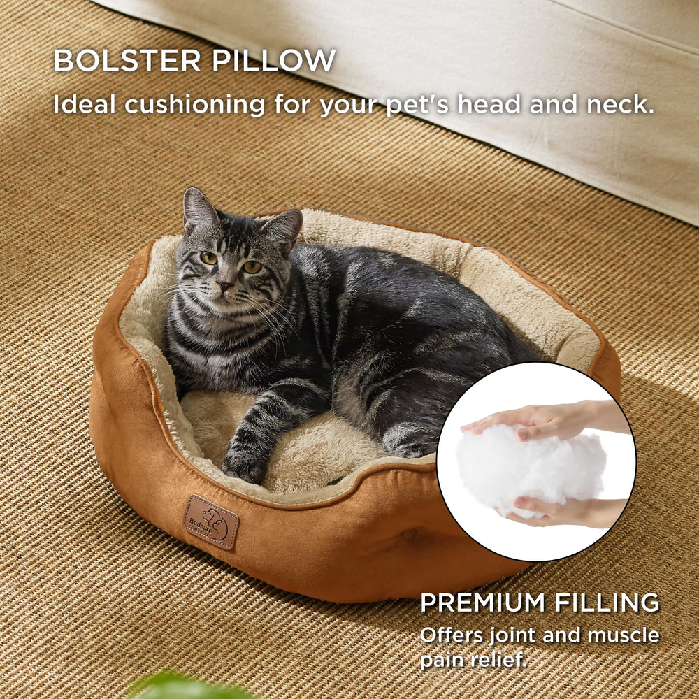 Bedsure round cat bed sherpa removable cushion highlights easy cleaning and versatile use.
