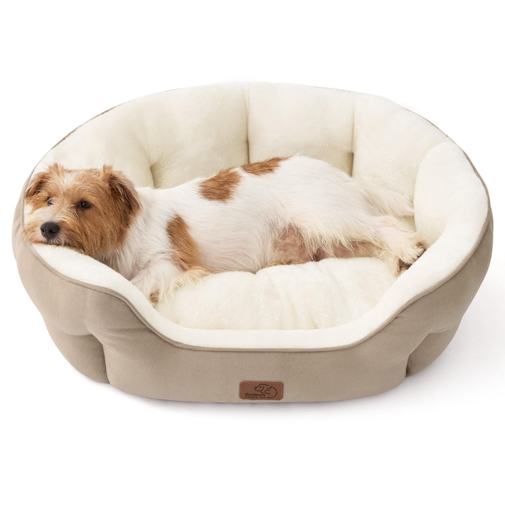 Bedsure round dog bed in camel with inviting round shape for medium dogs
