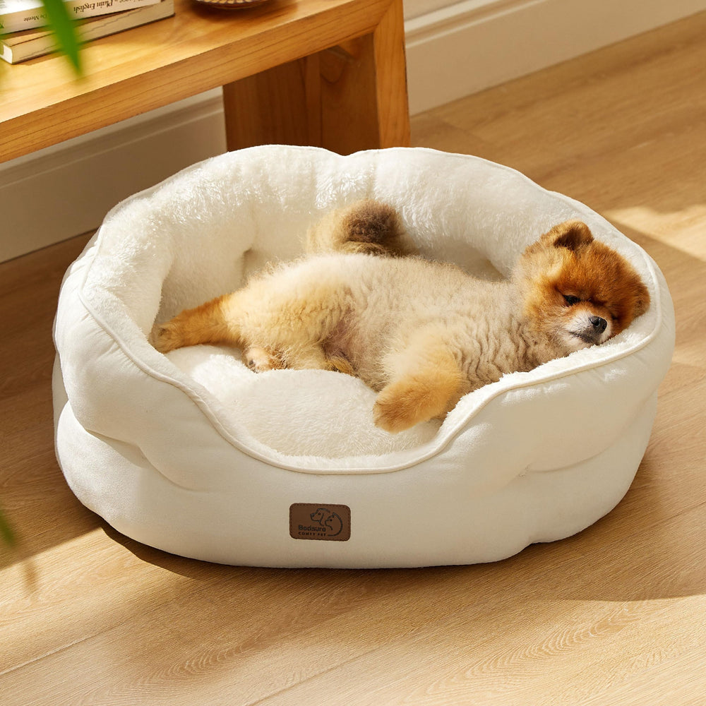 Bedsure round dog bed compact size white pillow cushion supports restful head positioning