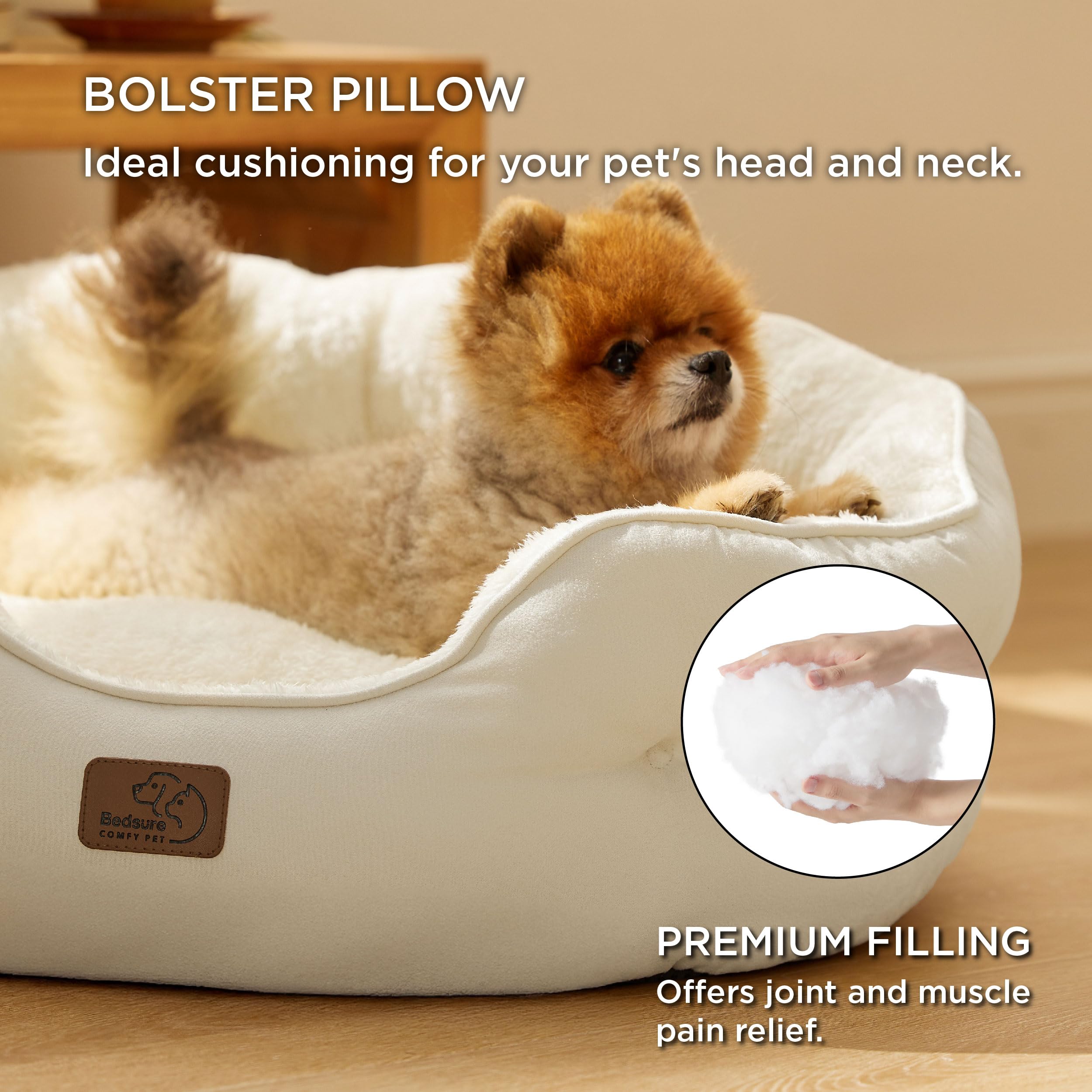 Bedsure round dog bed compact size white side bolster shows secure nesting for snug sleep