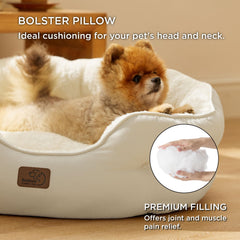 Bedsure round dog bed compact size white side bolster shows secure nesting for snug sleep