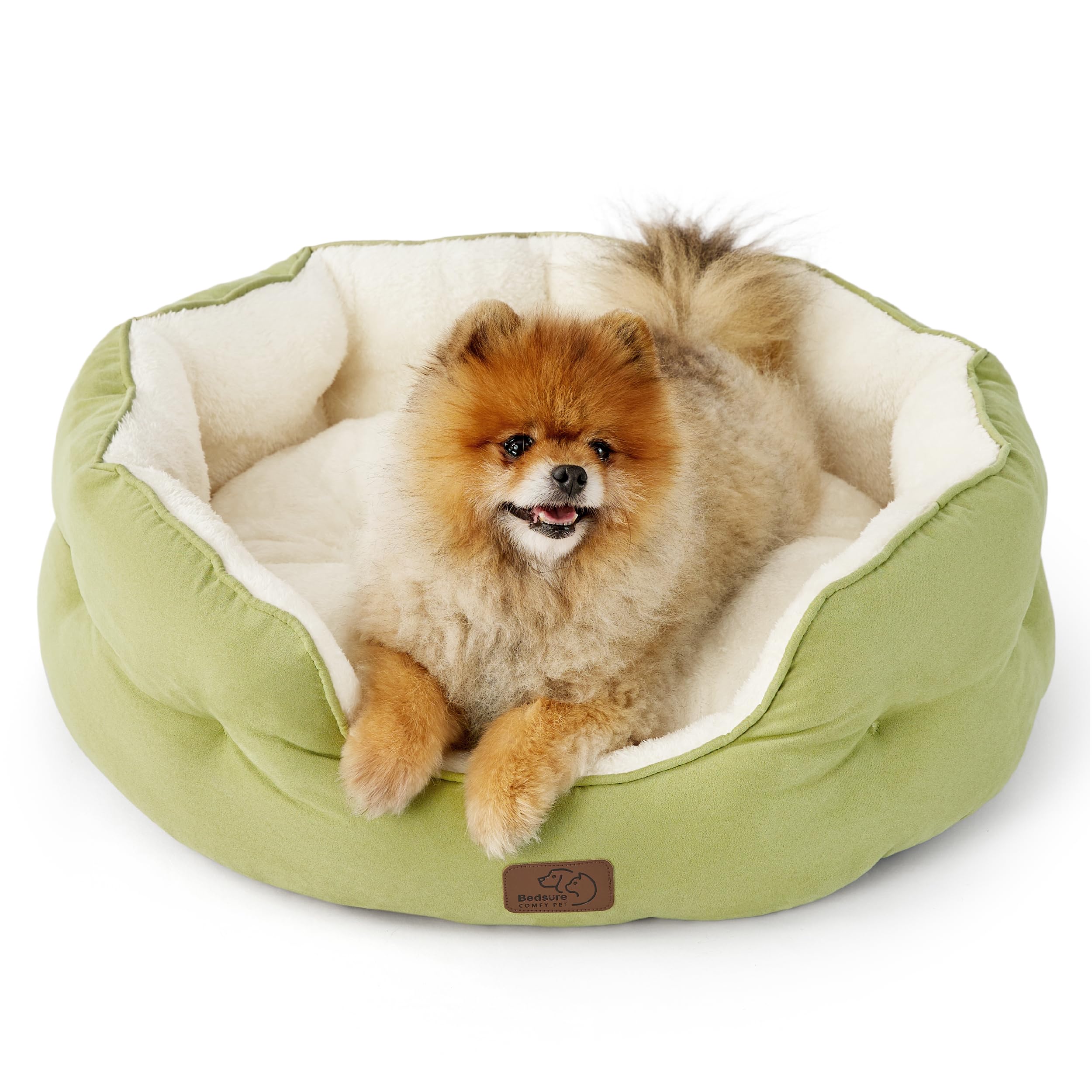 Bedsure round dog bed green 25in top view, cozy curling spot for small pets.