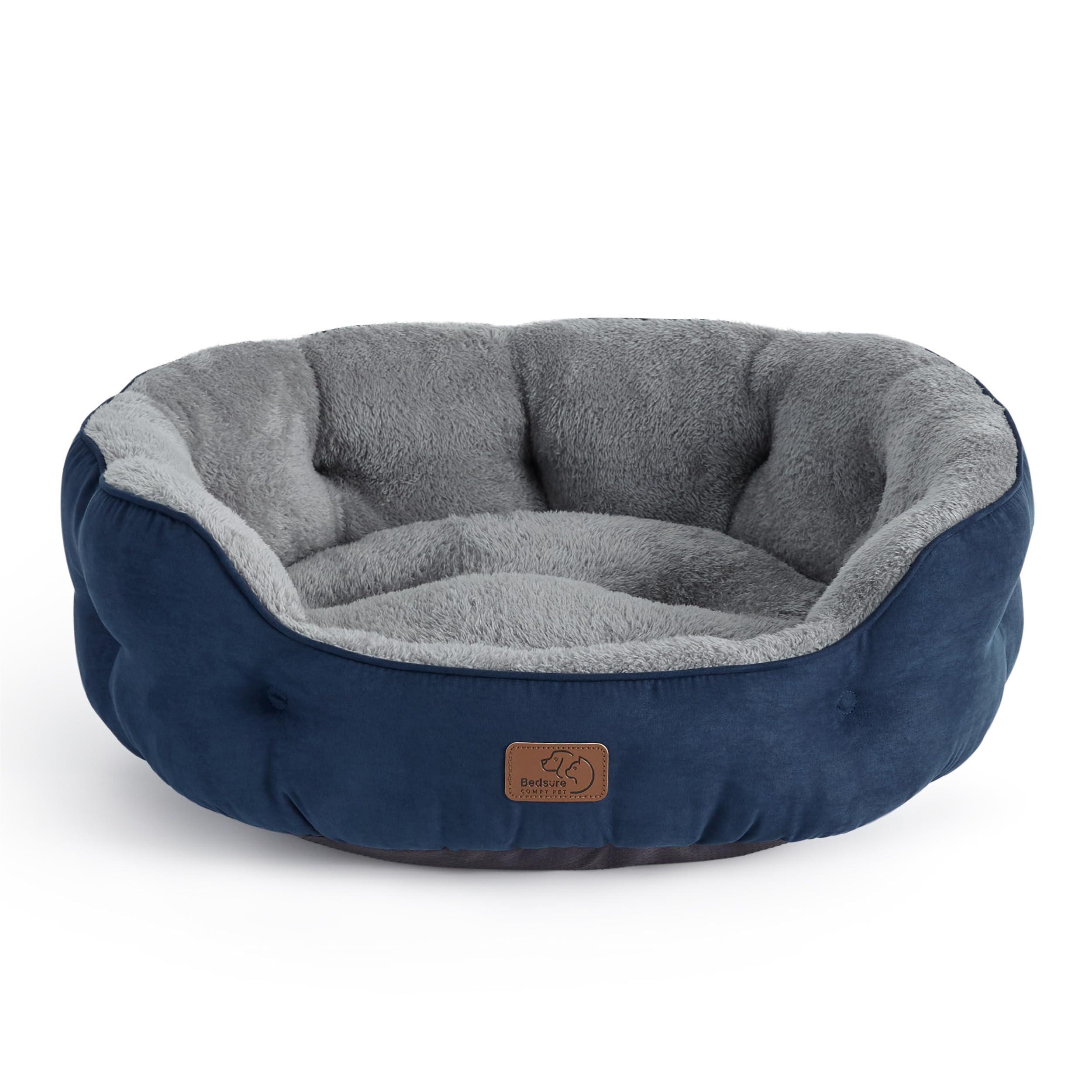 Bedsure round dog bed navy with plush sherpa surface for cozy lounging.