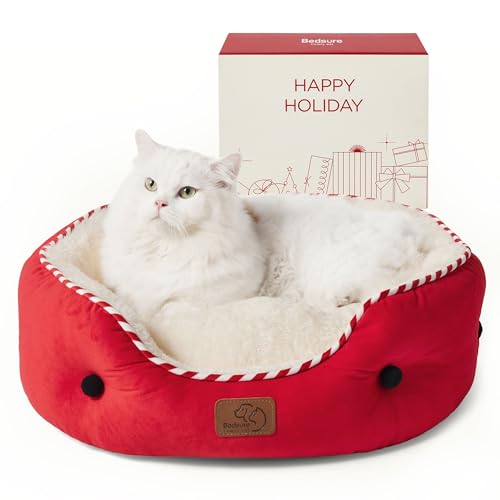 Bedsure round dog bed sherpa top view shows cozy warmth in Savvy Red.