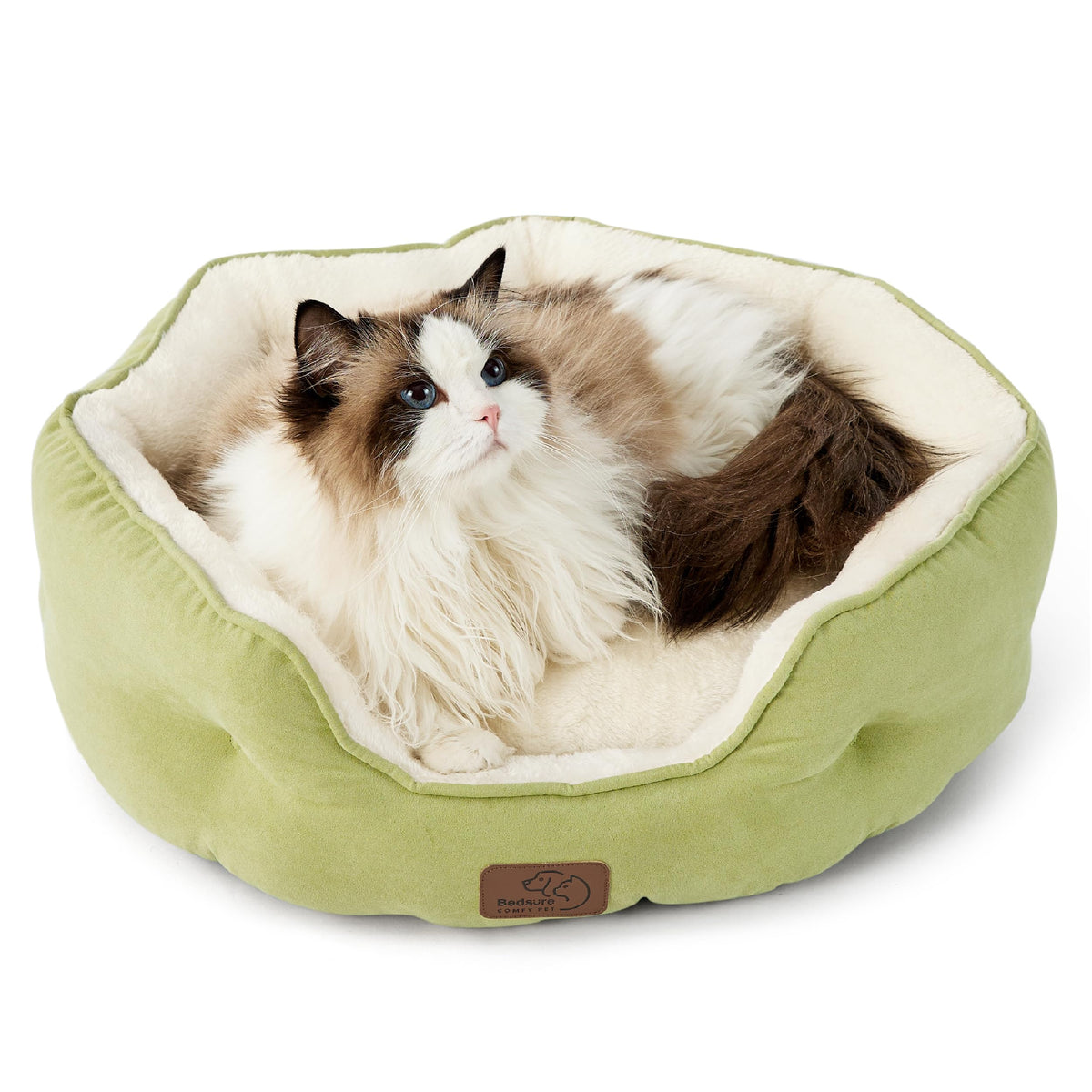 Bedsure round green pet bed closeup showing plush fabric for cozy naps