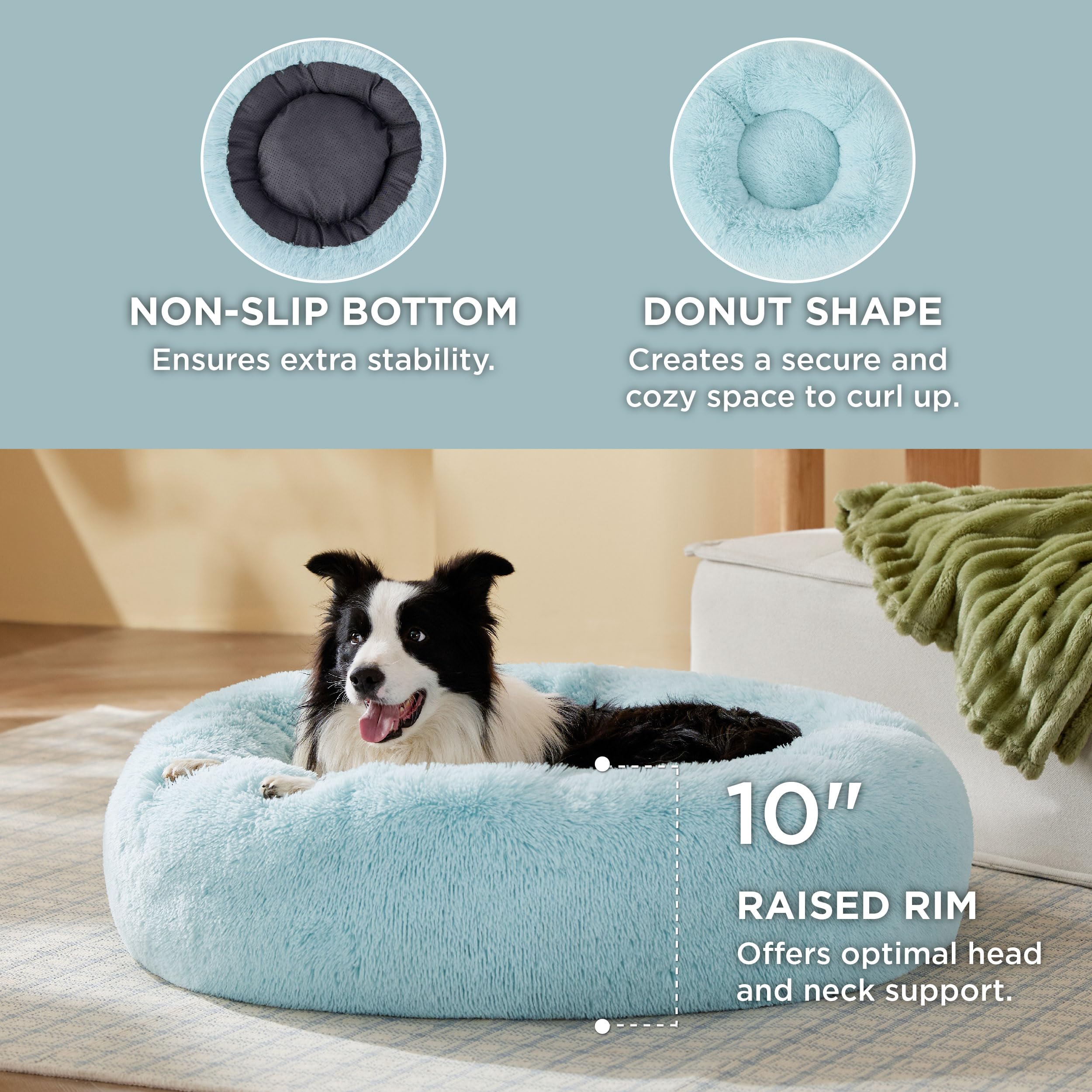 Bedsure round plush dog bed with raised rim supports head and neck.