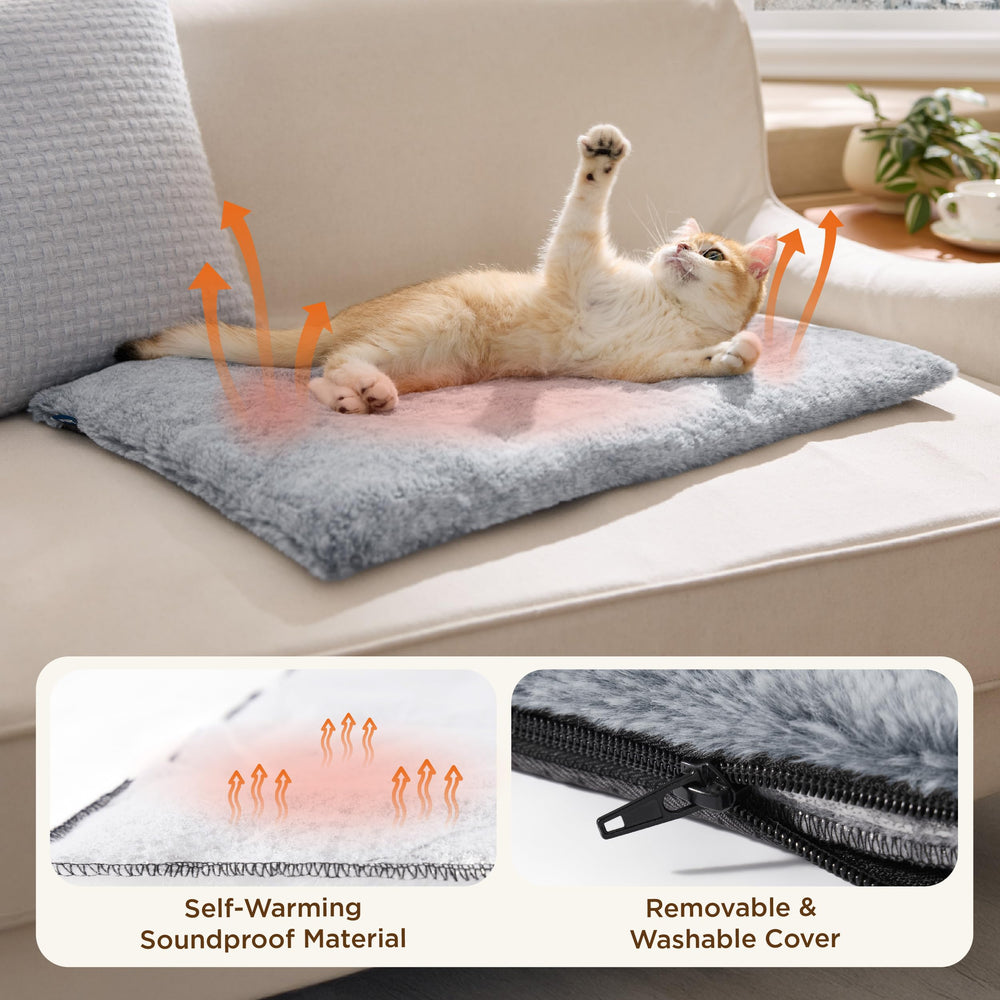 Bedsure self-warming cat bed shows two sizes for cats and small dogs.