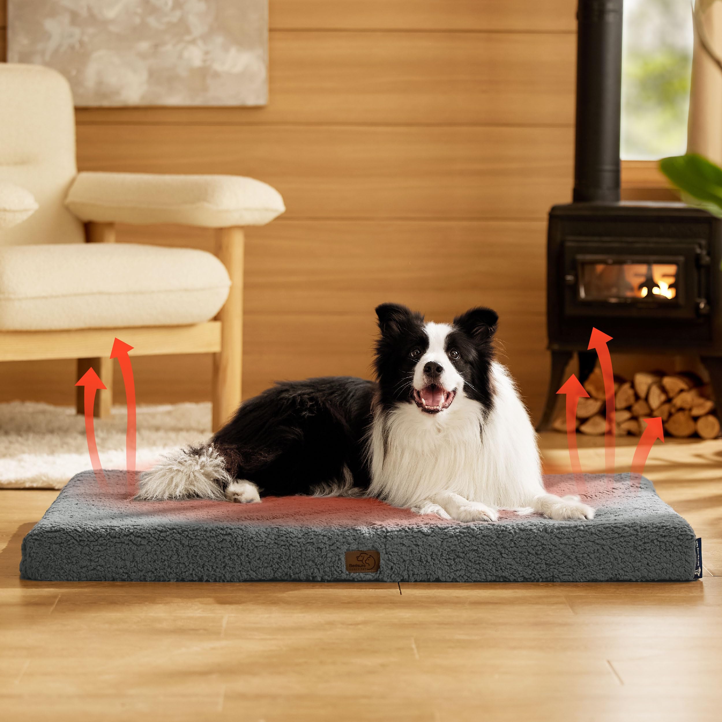 Bedsure self-warming dog bed up-to-65-lbs image shows size suitability.