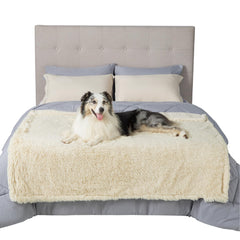 Bedsure travel dog blanket cream guards car seats during adventures.