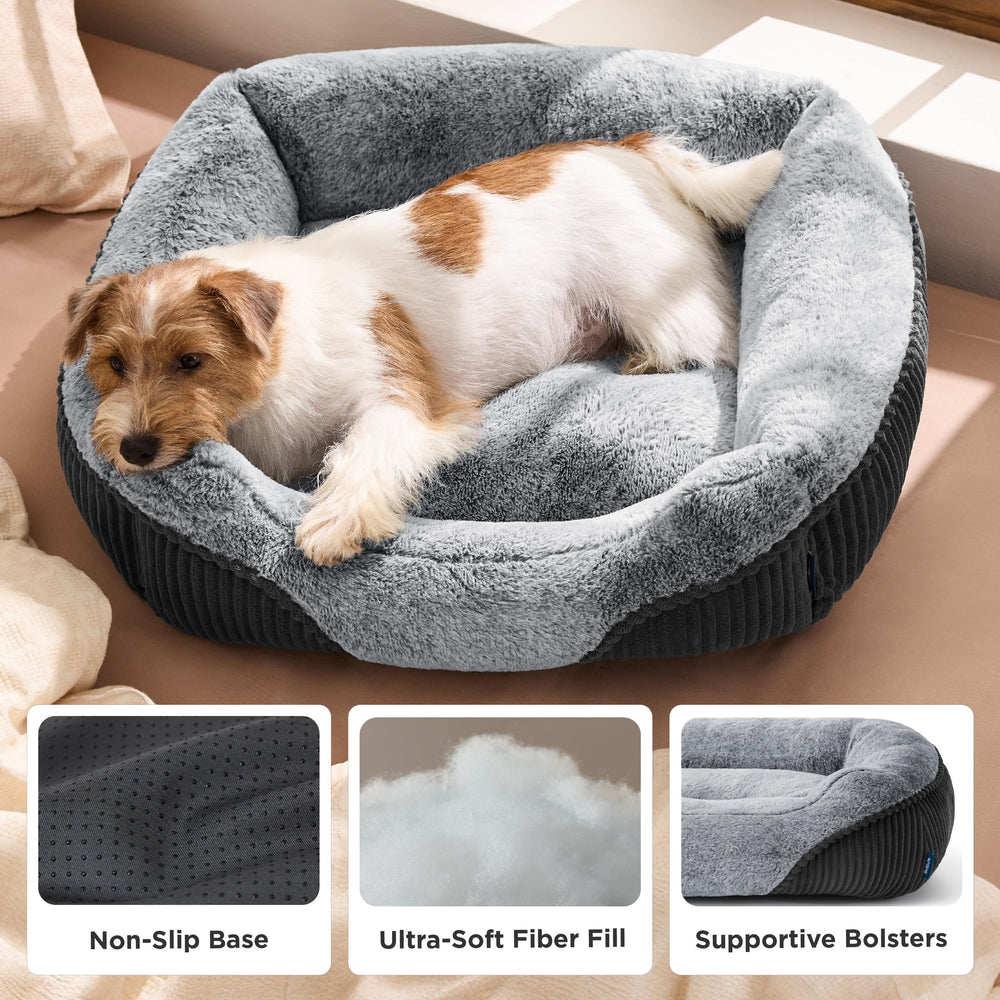 Bedsure Washable Dog Bed grey non-slip bottom close-up highlights safe placement on smooth floors