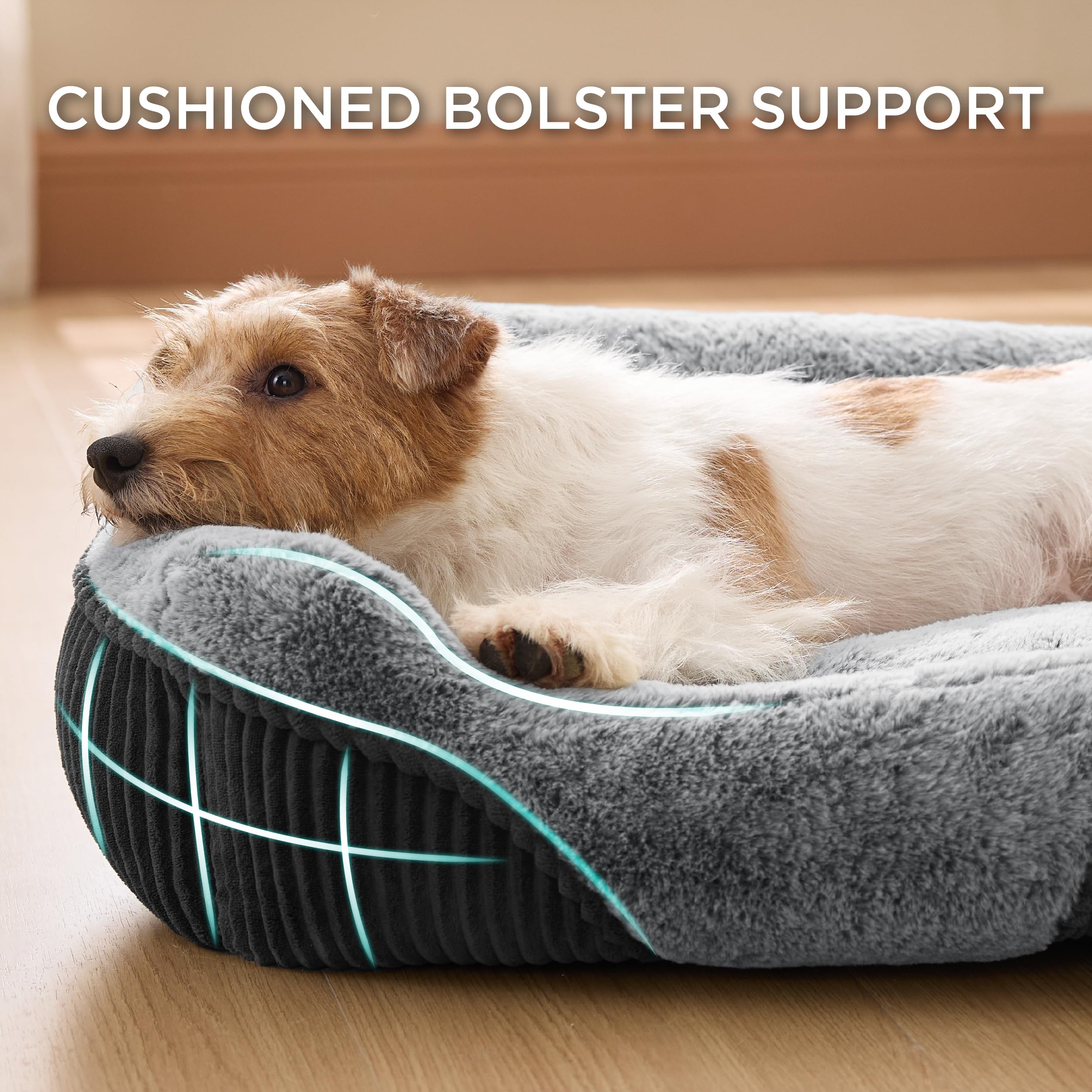 Bedsure Washable Dog Bed grey rectangle side view demonstrates snug neck support