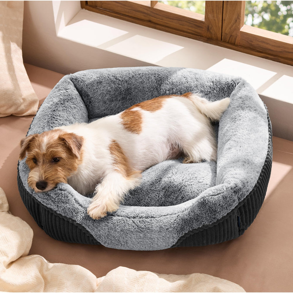 Bedsure Washable Dog Bed grey rectangle top view shows plush comfort for calm naps