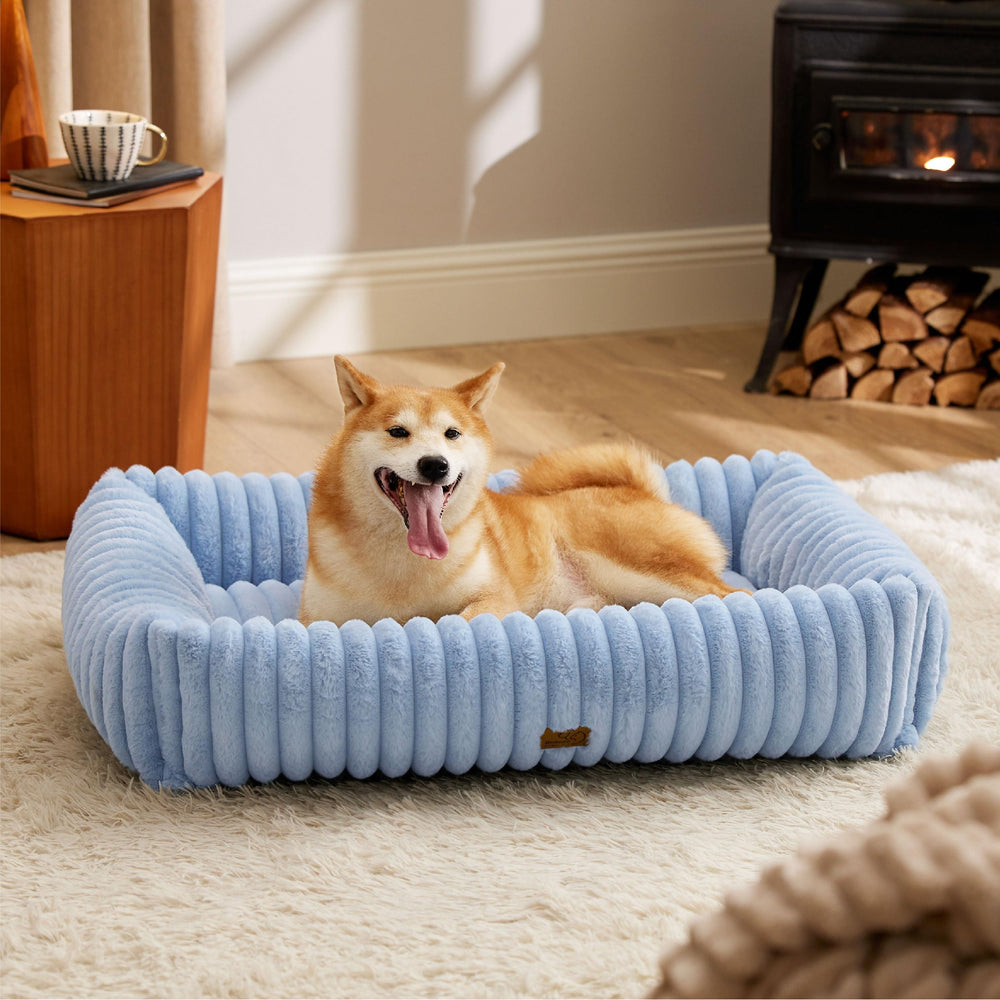 Bedsure large blue dog bed front view with cozy raised sides for neck support