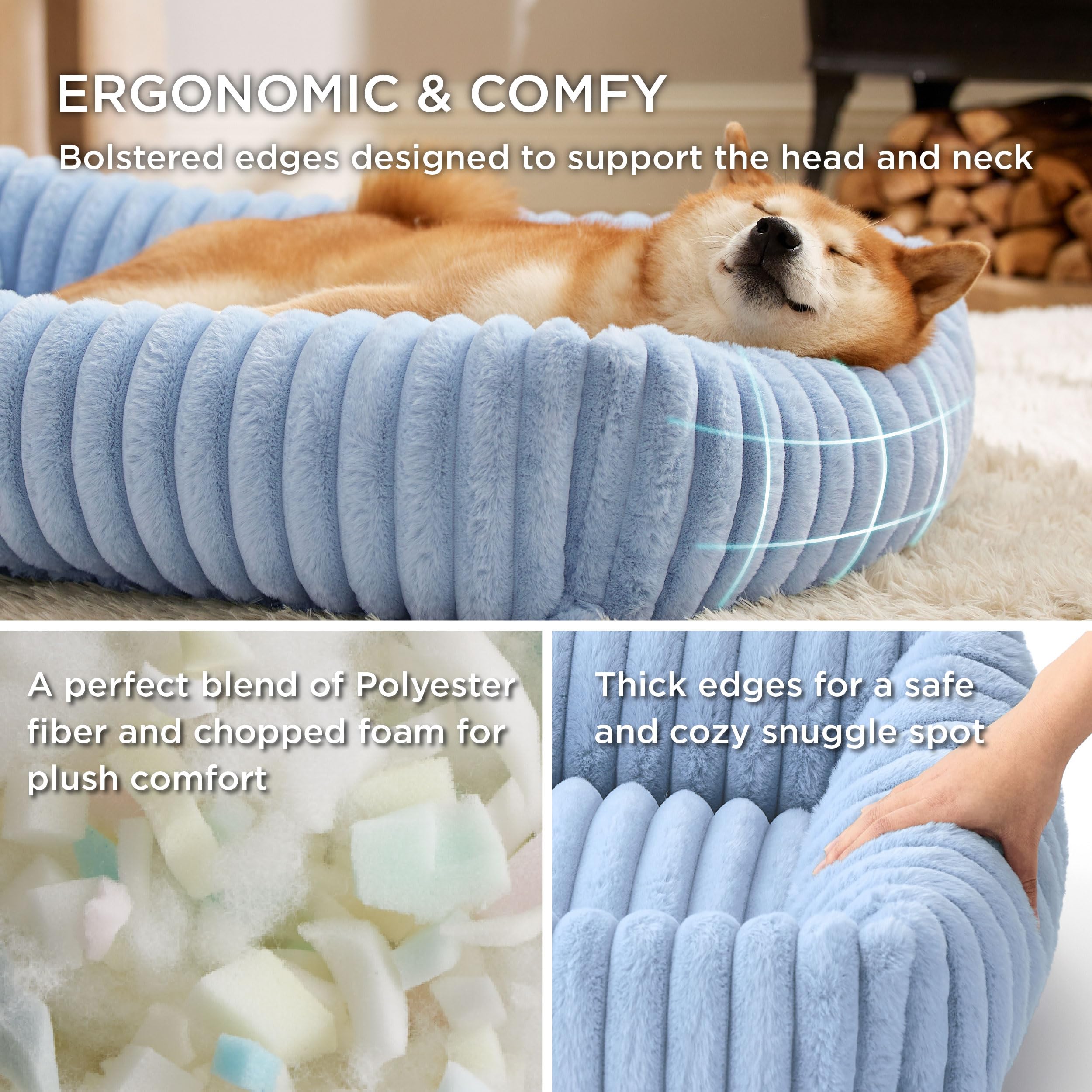 Bedsure washable dog bed medium blue side view highlights plush warmth for year-round comfort