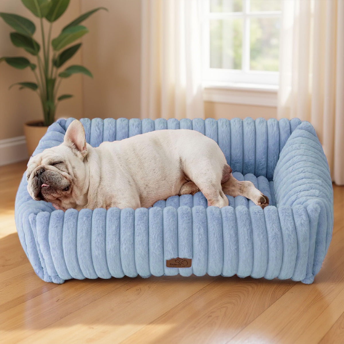 Bedsure Washable Dog Bed medium blue side view highlighting raised edges for head support