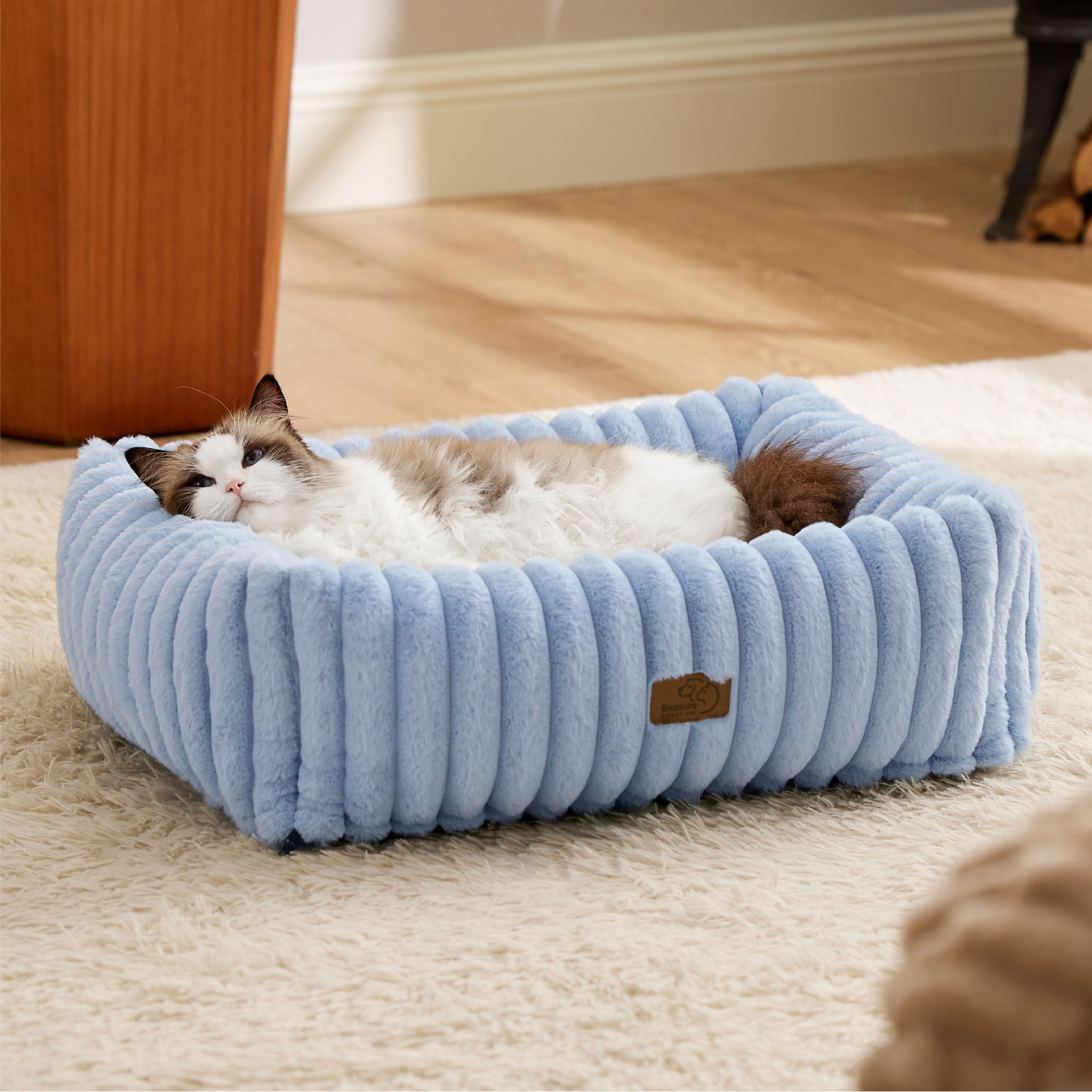 Bedsure washable dog bed medium blue top view shows cozy orthopedic support for pets