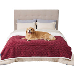 Bedsure waterproof dog blanket 60x80 Burgundy closeup highlights leakproof protection for furniture.