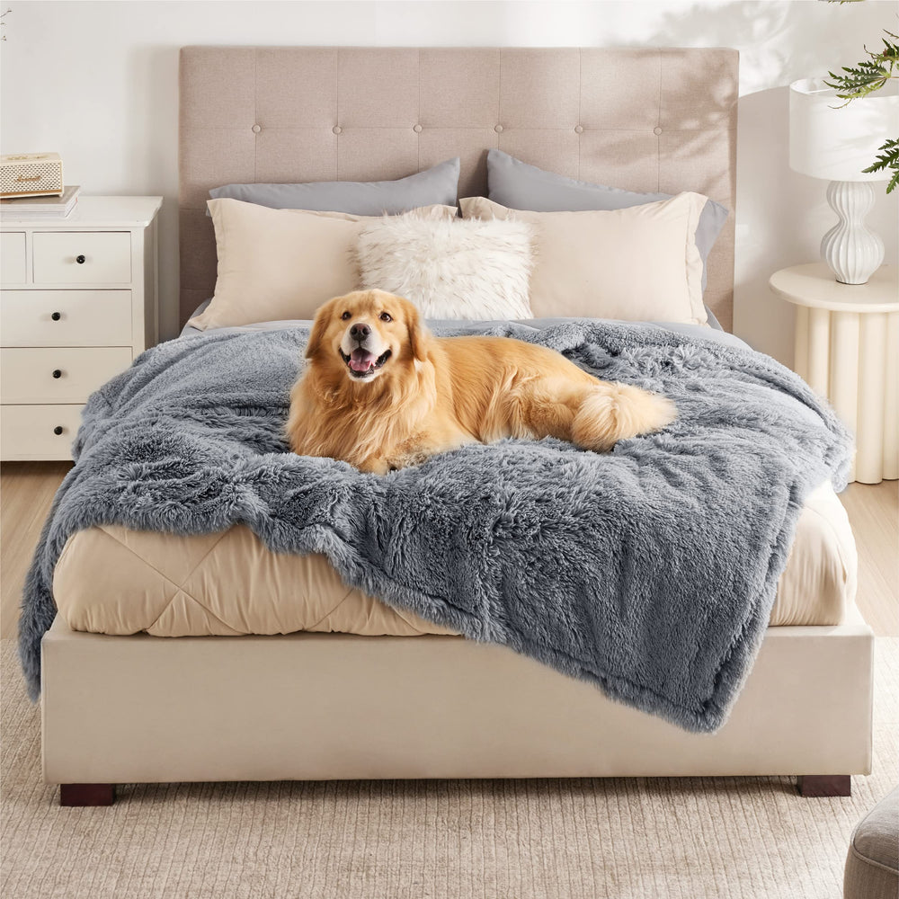 Bedsure waterproof dog blanket 60x80 gray folded for couch protection and travel use.