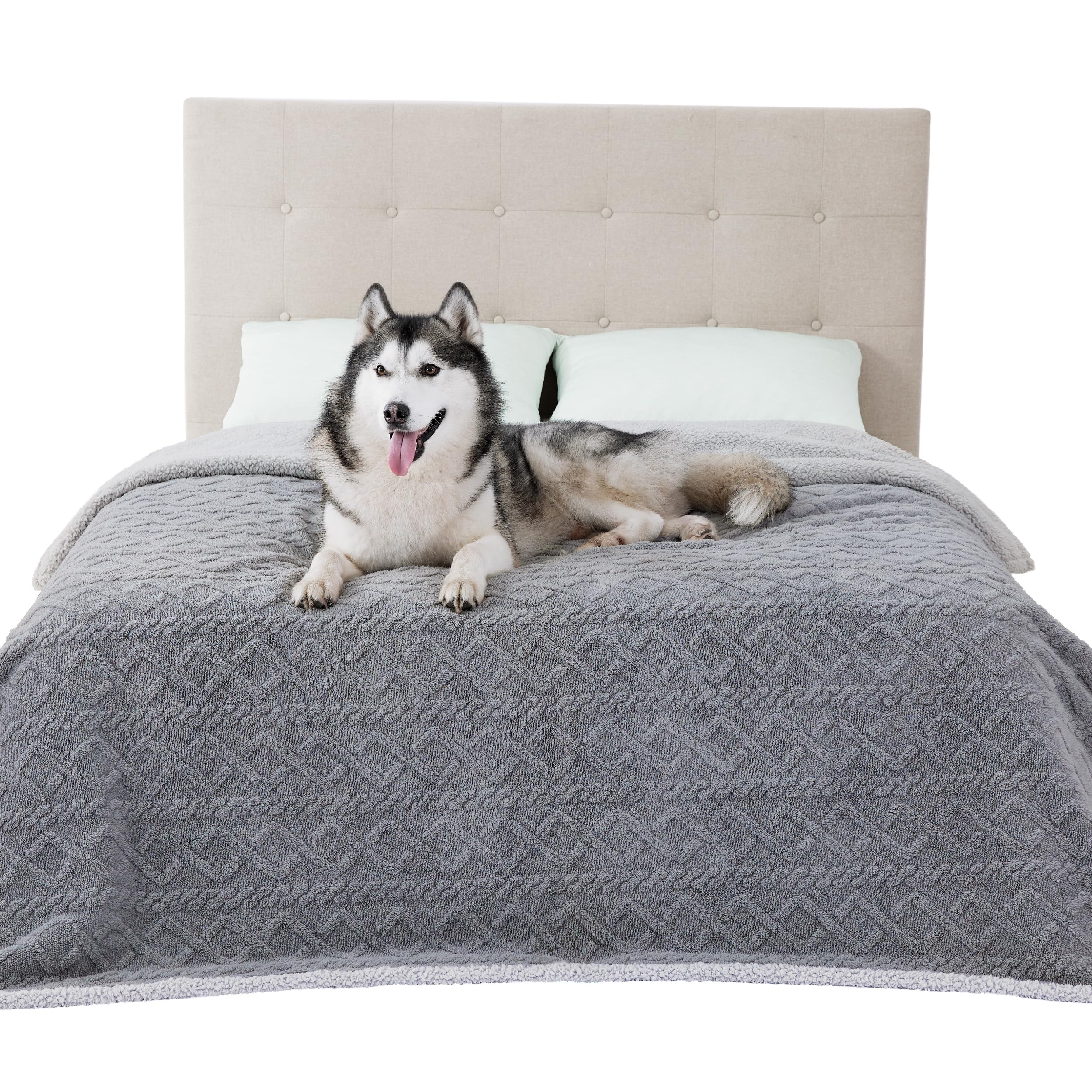 Bedsure waterproof dog blanket on bed shows spill-proof protection and cozy comfort.