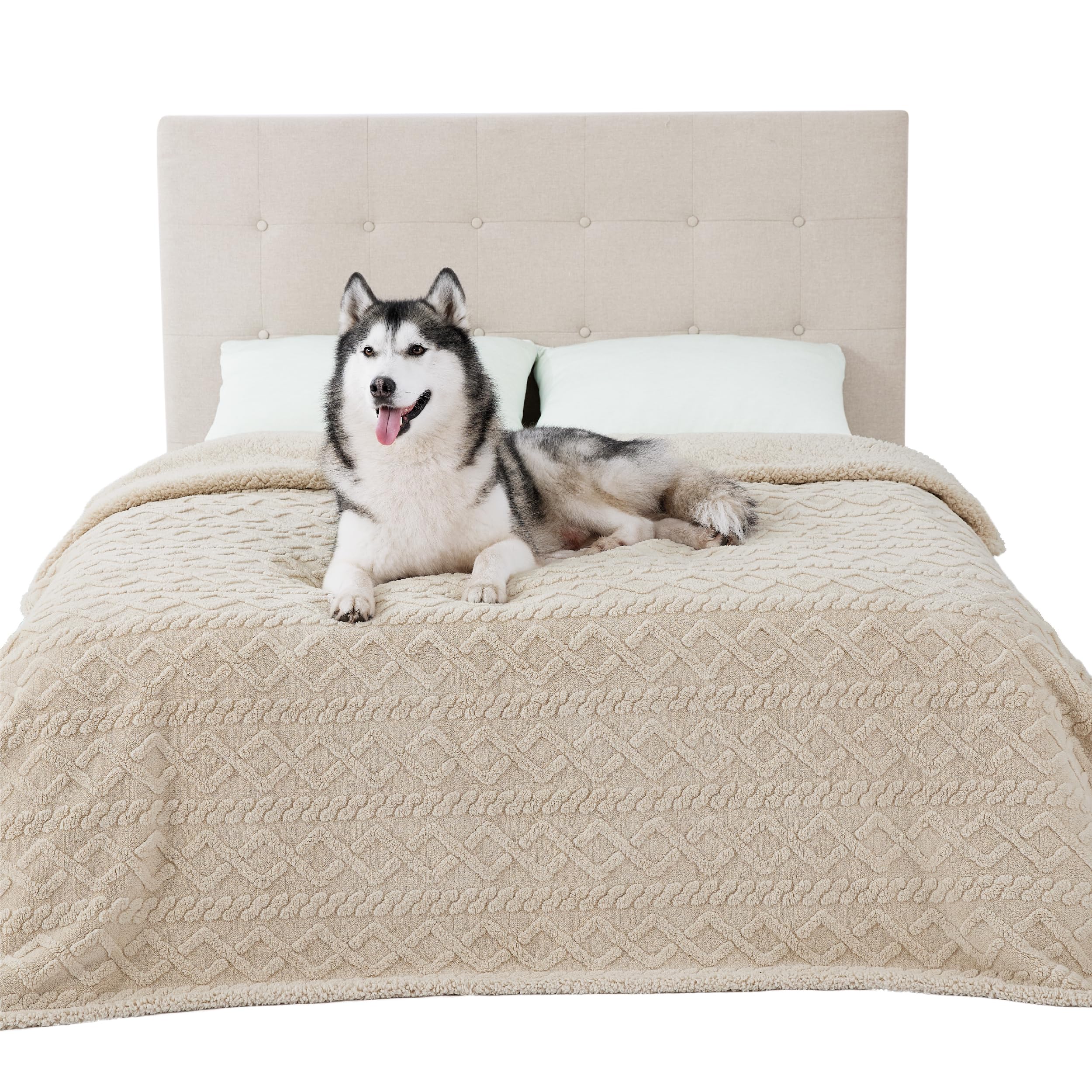 Bedsure waterproof dog blanket on a bed showing leakproof protection and comfort benefits.