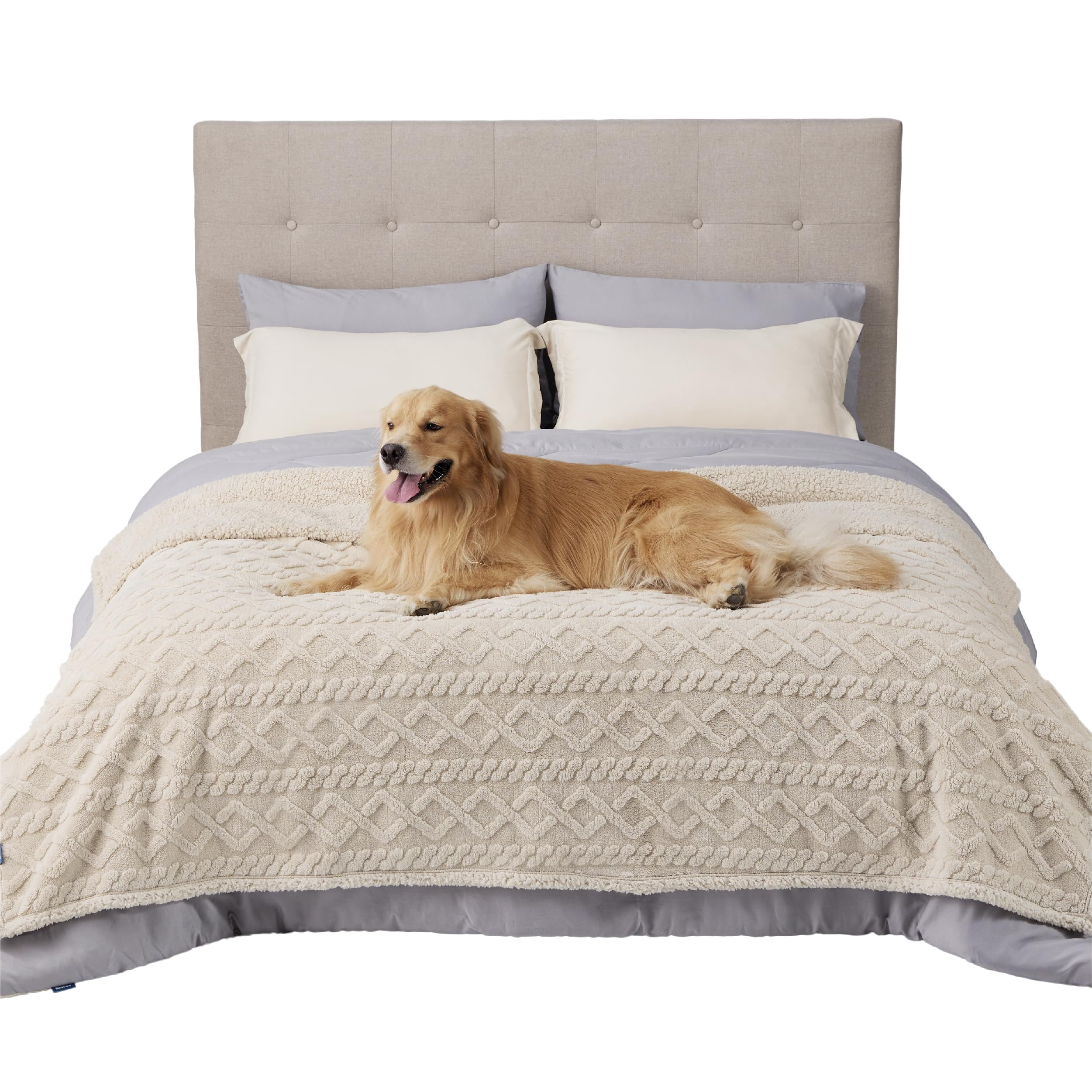 Bedsure waterproof dog blanket on bed protects against spills and accidents.