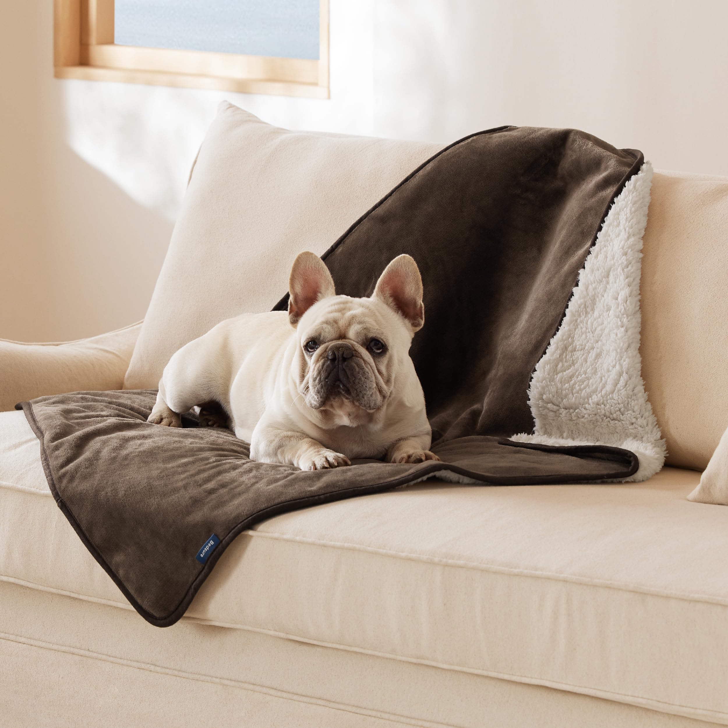 Bedsure waterproof dog blanket folded in coffee brown for compact storage and protection