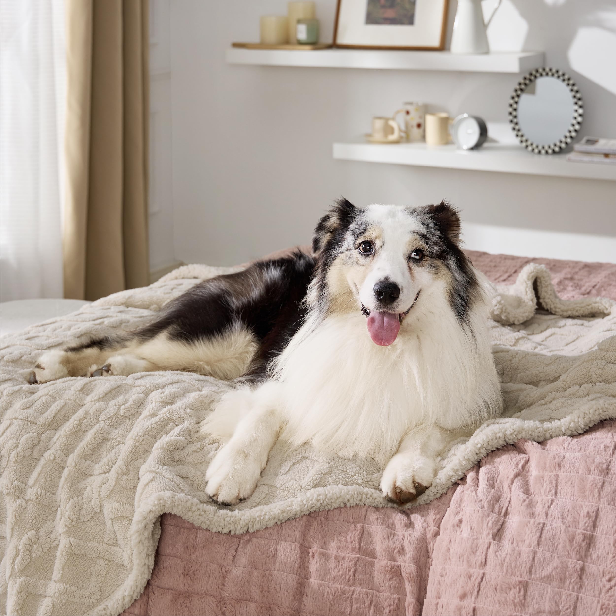 Bedsure waterproof dog blanket cream side view demonstrates durable protection and plush comfort.