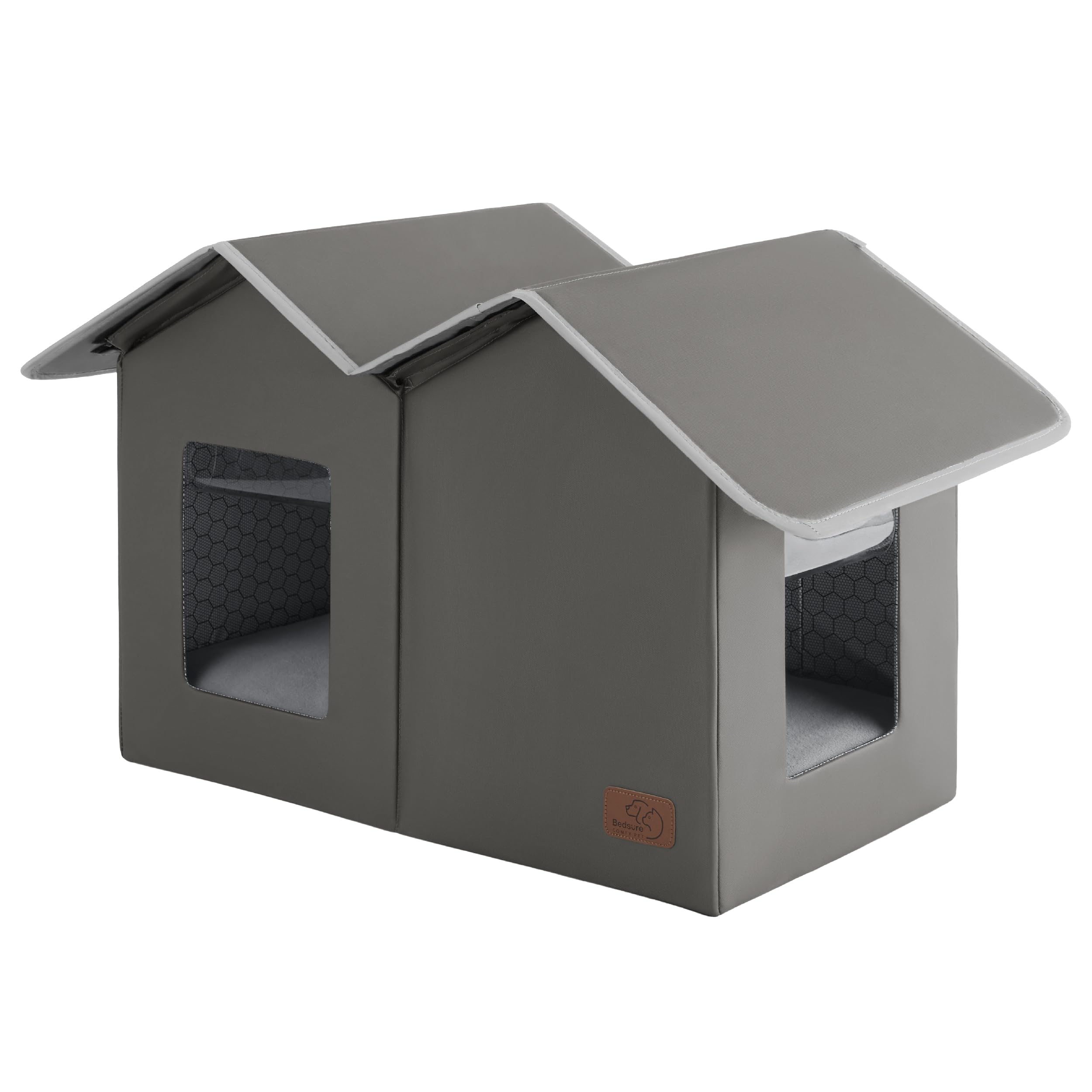 Bedsure weatherproof outdoor cat house front view in grey.