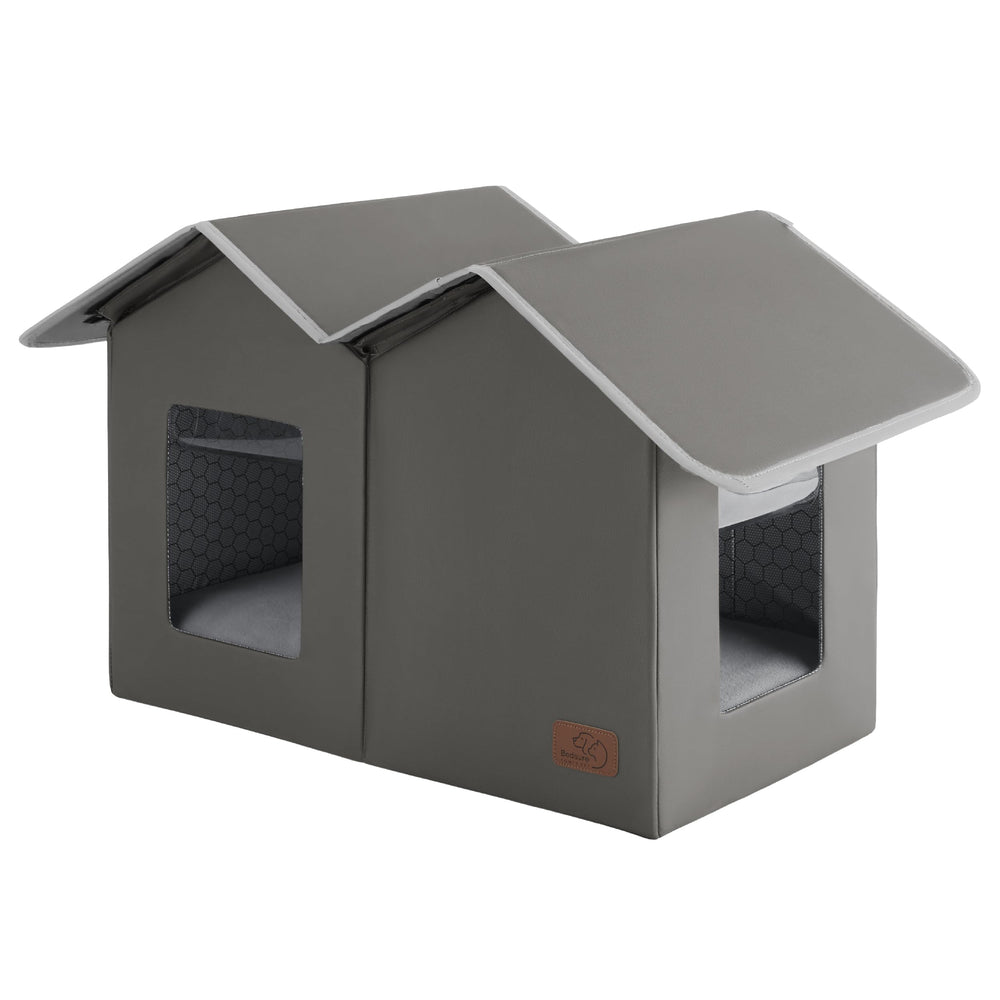 Bedsure weatherproof outdoor cat house front view in grey.
