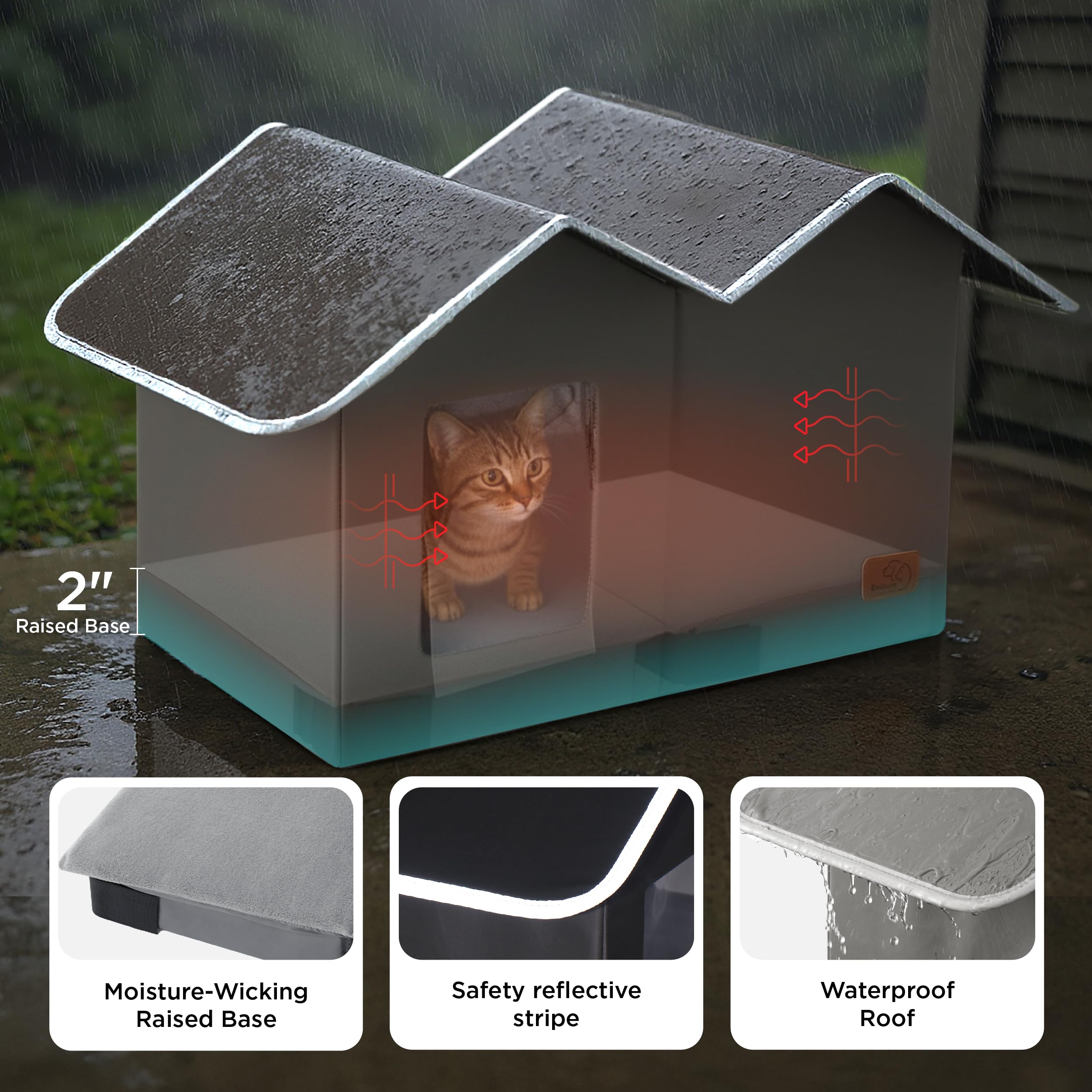 Bedsure weatherproof outdoor cat house honeycomb interior reflects body heat for warmth.