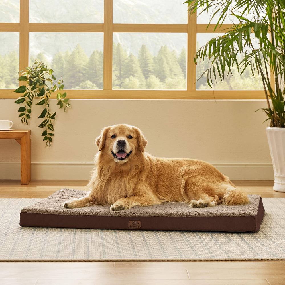 Bedsure XL dog bed foam closeup highlights supportive egg-crate foam for joint comfort.