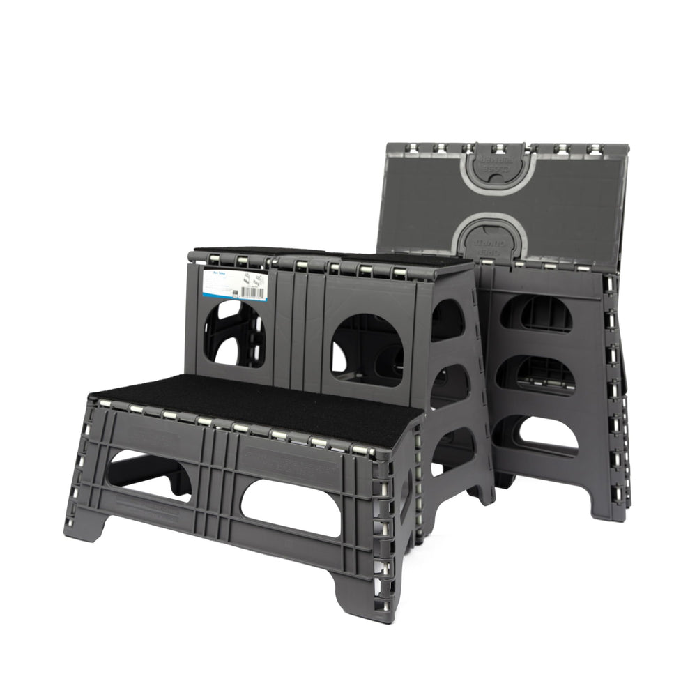 Bee Neat 2 Step folding dog stairs assembled for easy access to a high bed.