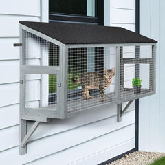 beeNbkks catio window box perch lets indoor cats enjoy safe outdoor views.