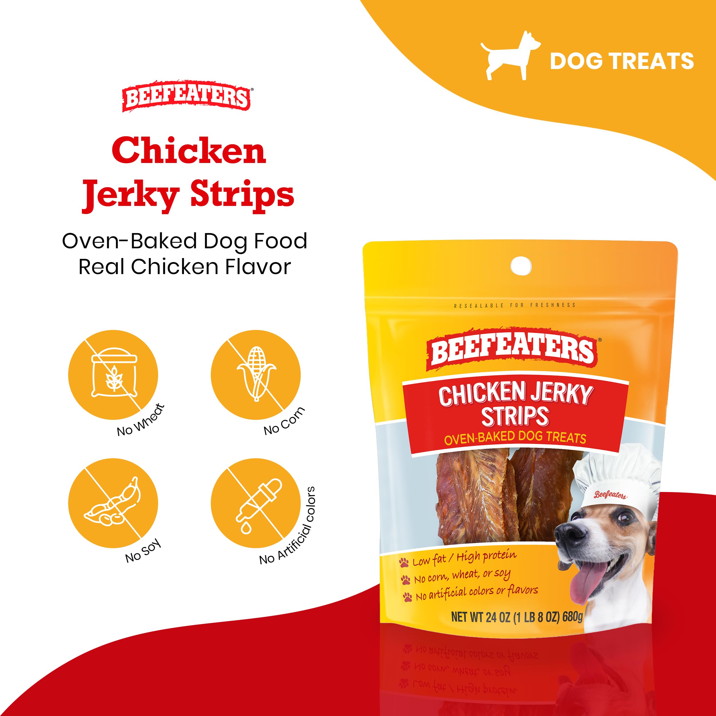 Beefeaters Chicken Jerky Strips in dog bowl highlight tasty protein addition during meals.