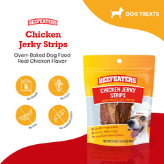 Beefeaters Chicken Jerky Strips in dog bowl highlight tasty protein addition during meals.