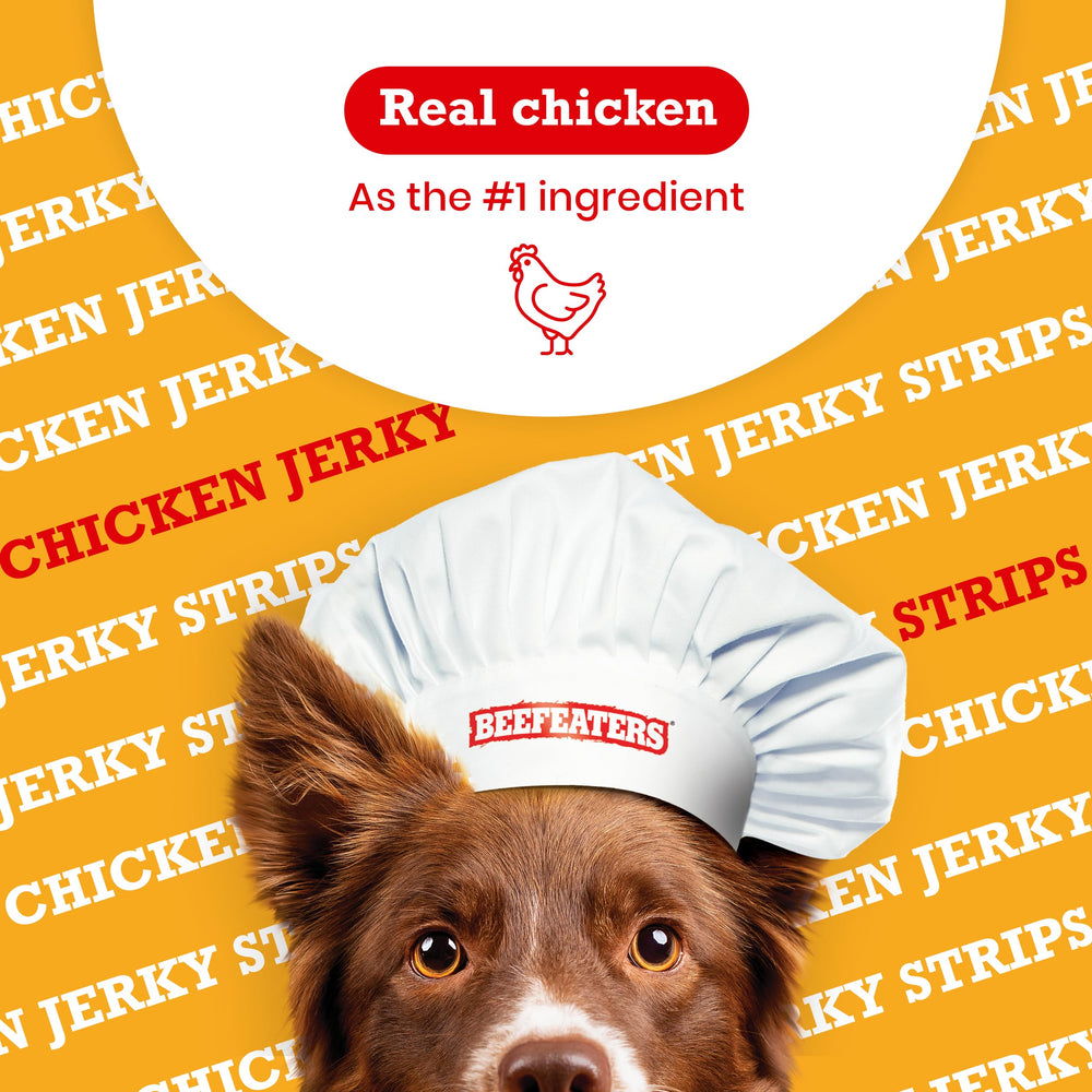 Beefeaters Chicken Jerky Strips ingredients label emphasizes grain-free recipe and allergen safety.