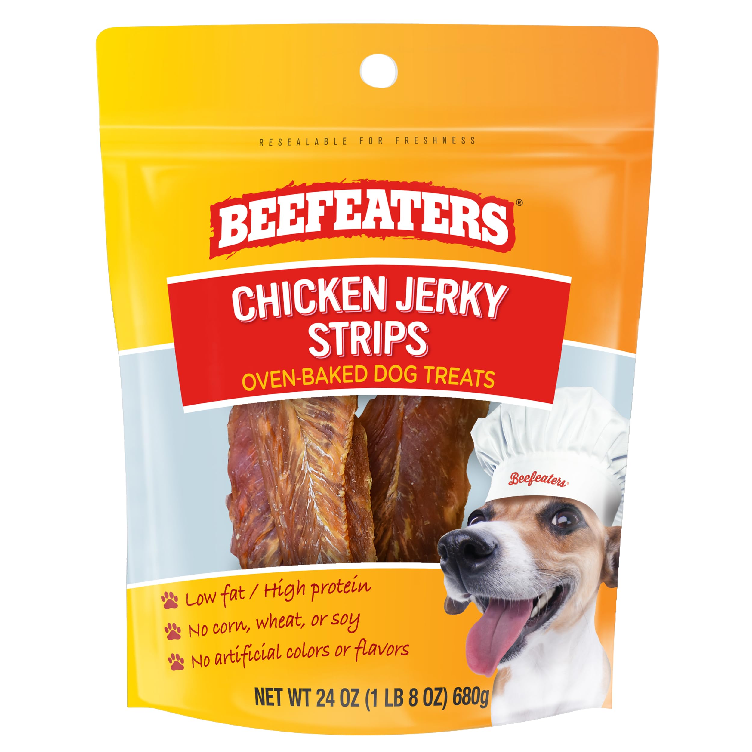 Beefeaters Chicken Jerky Strips package shows resealable freshness for easy storage.