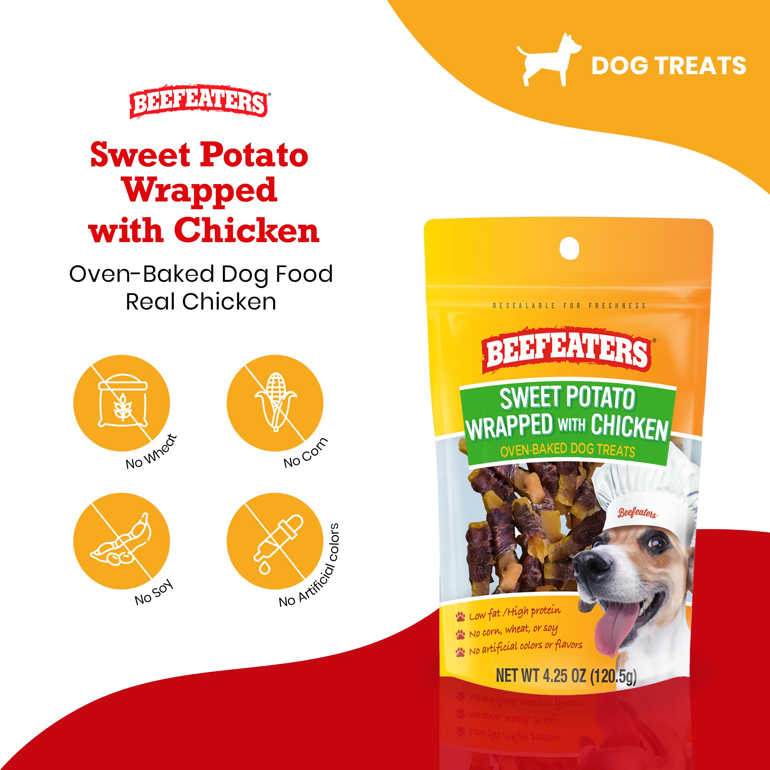 Beefeaters ingredient scroll shows no gluten for sensitive dogs.