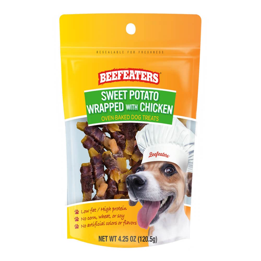 Beefeaters sweet potato wrapped with chicken front-pack shows tasty training rewards.
