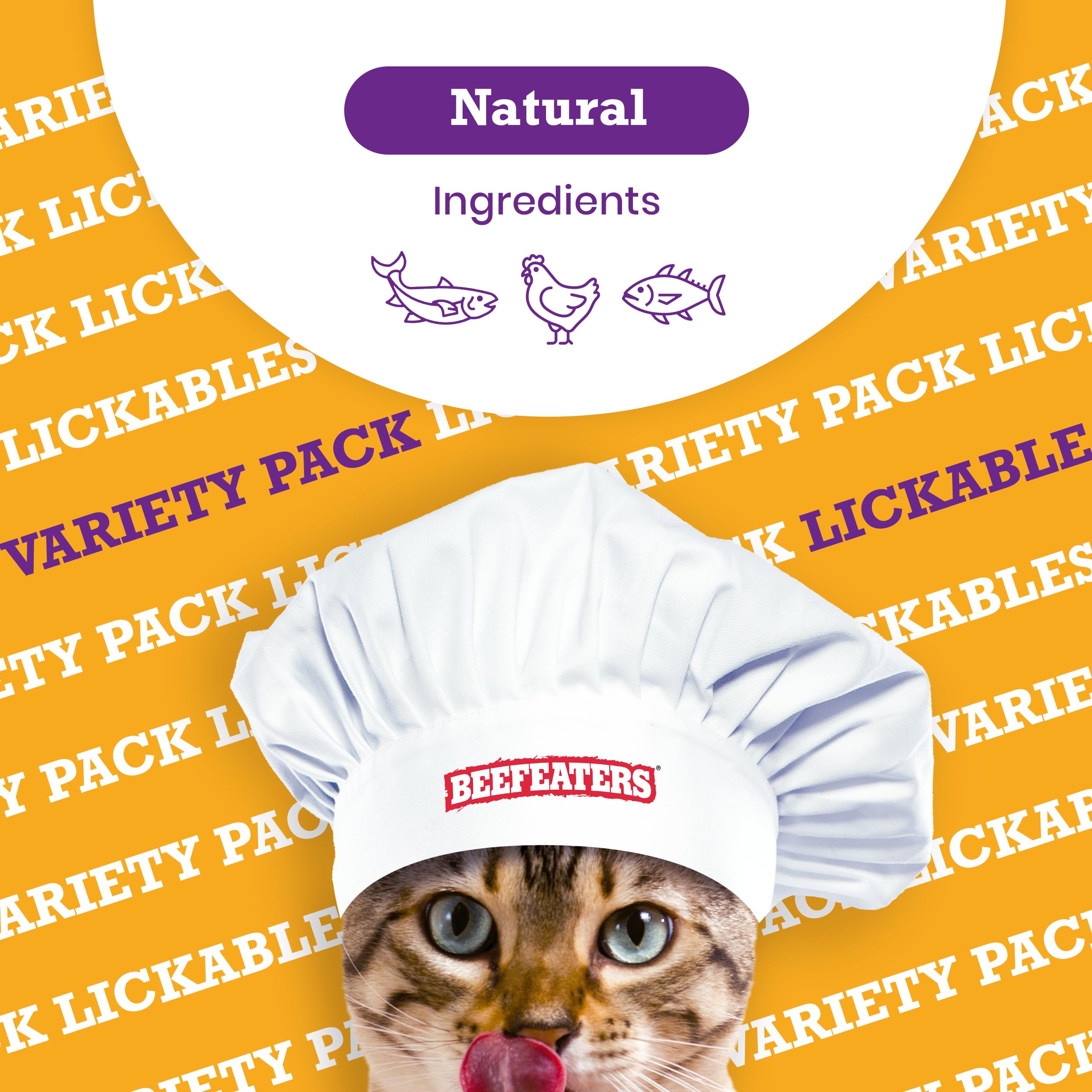 Beefeaters Lickable Puree Taurine-enriched formula supports heart health and vision.