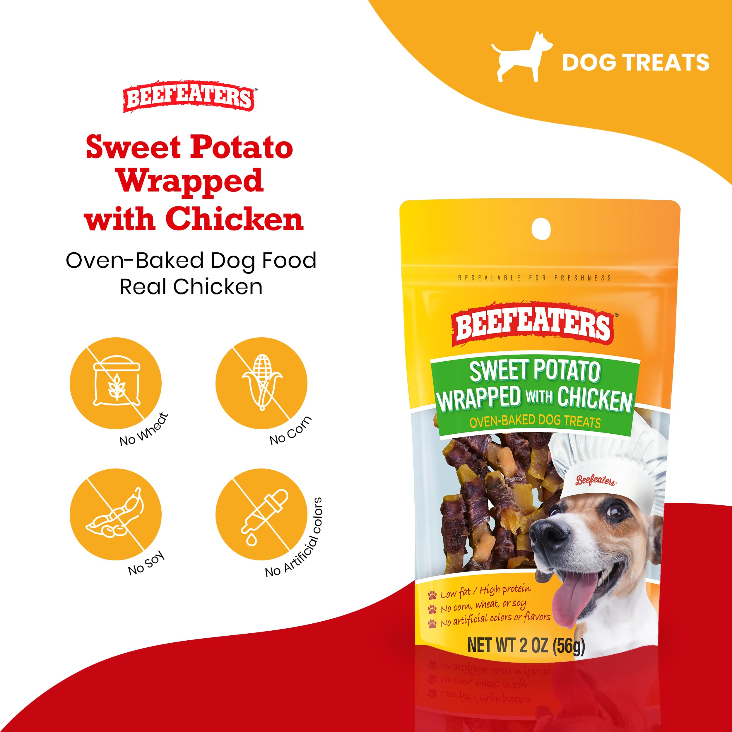 Beefeaters 2oz pack convenient training reward with real chicken and sweet potato.