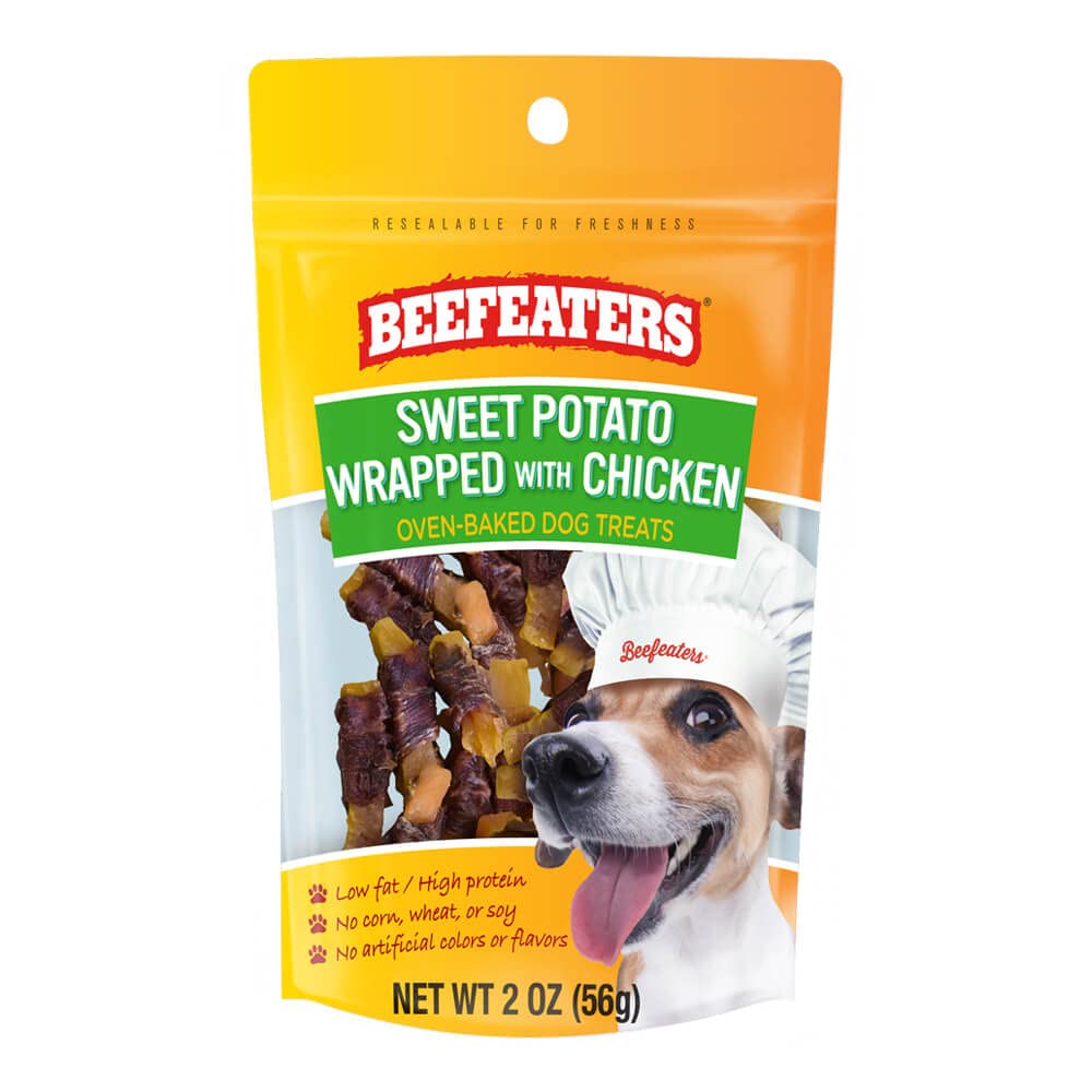 Beefeaters Sweet Potato Wrapped with Chicken bag front shows wholesome, grain-free dog treat.