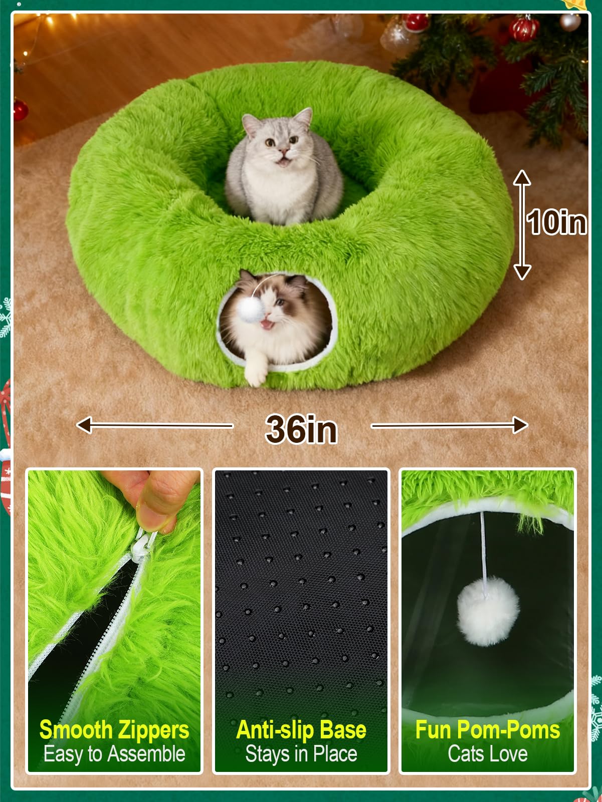 Beeplove Christmas tree skirt with pom-poms adds playful entry for curious cats.