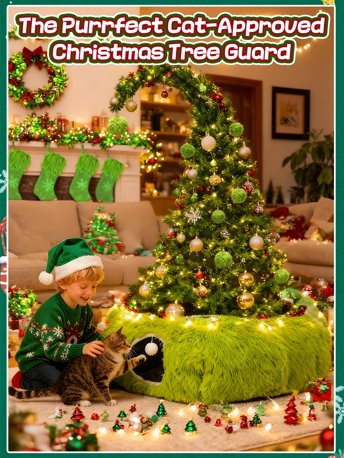 Beeplove green cat tunnel skirt hides tree base and wires for neater holiday decor.