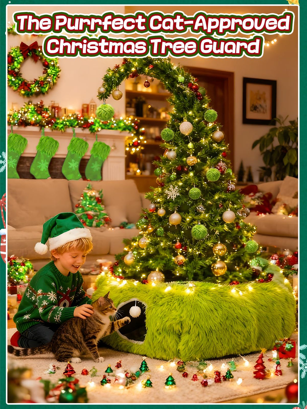Beeplove green cat tunnel skirt hides tree base and wires for neater holiday decor.