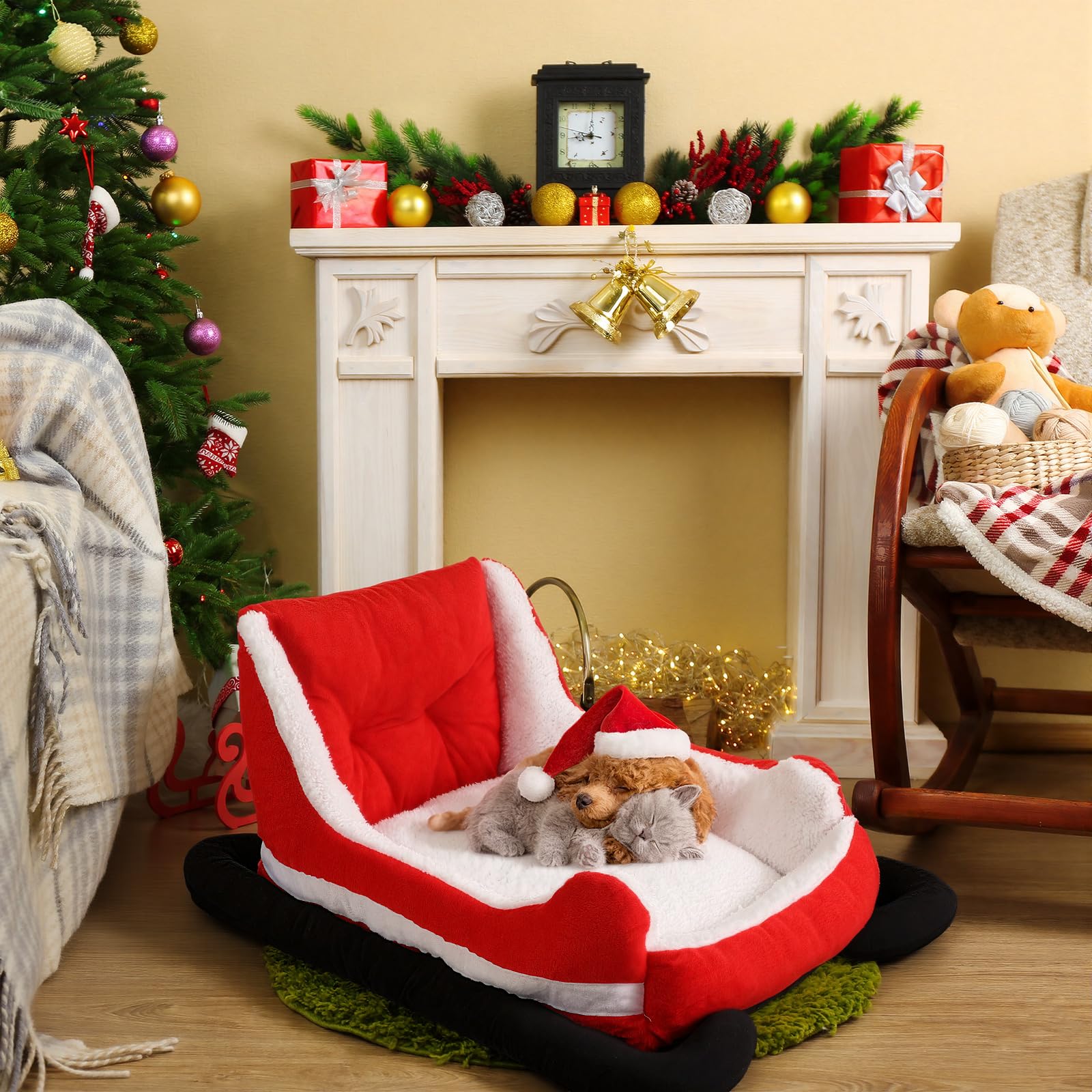 Beeveer Christmas Dog Bed Sleigh dimensions 24x15x11 illustrate suitable pet space.